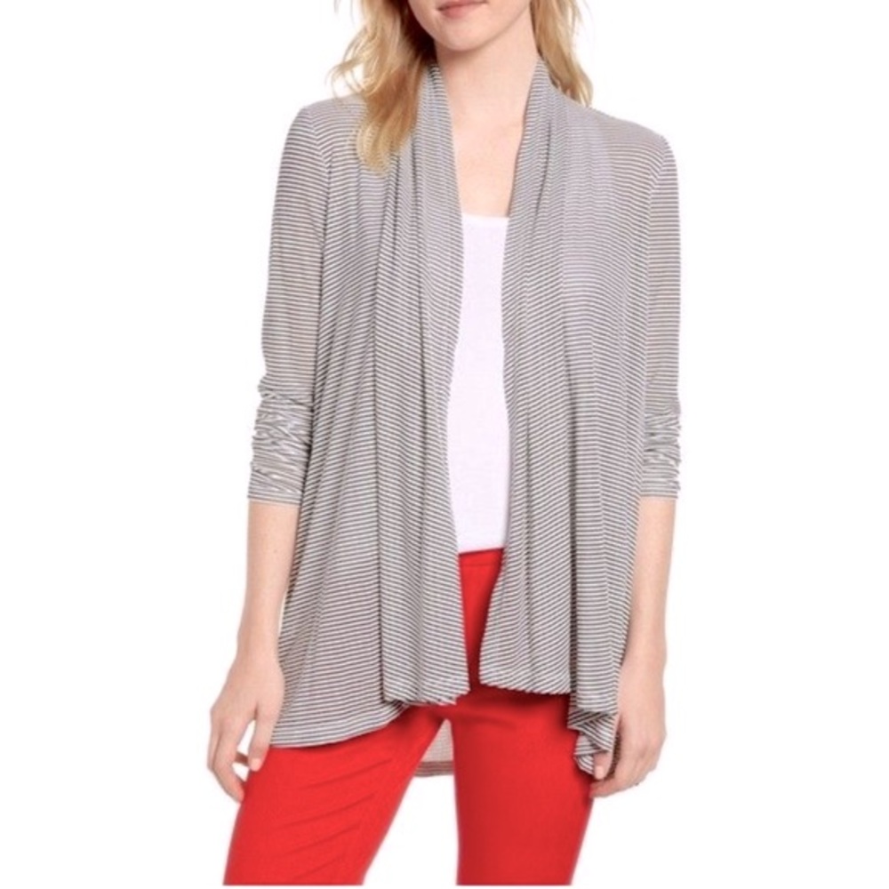 GIBSON Thin Lightweight Grey Ribbed Knit Long Sleeve Open Draped Front Cardigan